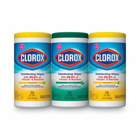 CLOROX Towels & Wipes, White, Canister, Non-Woven Fiber, 75 Wipes, Fresh Scent/Citrus Blend, 3 PK 30208PK